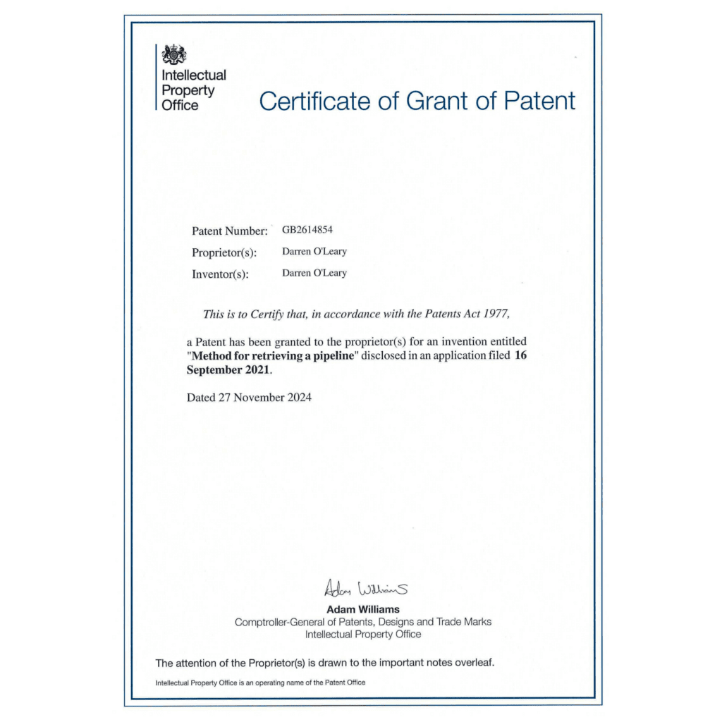 subsea pipeline removal technology patent certificate X-Lay offshore decommissioning intellectual property