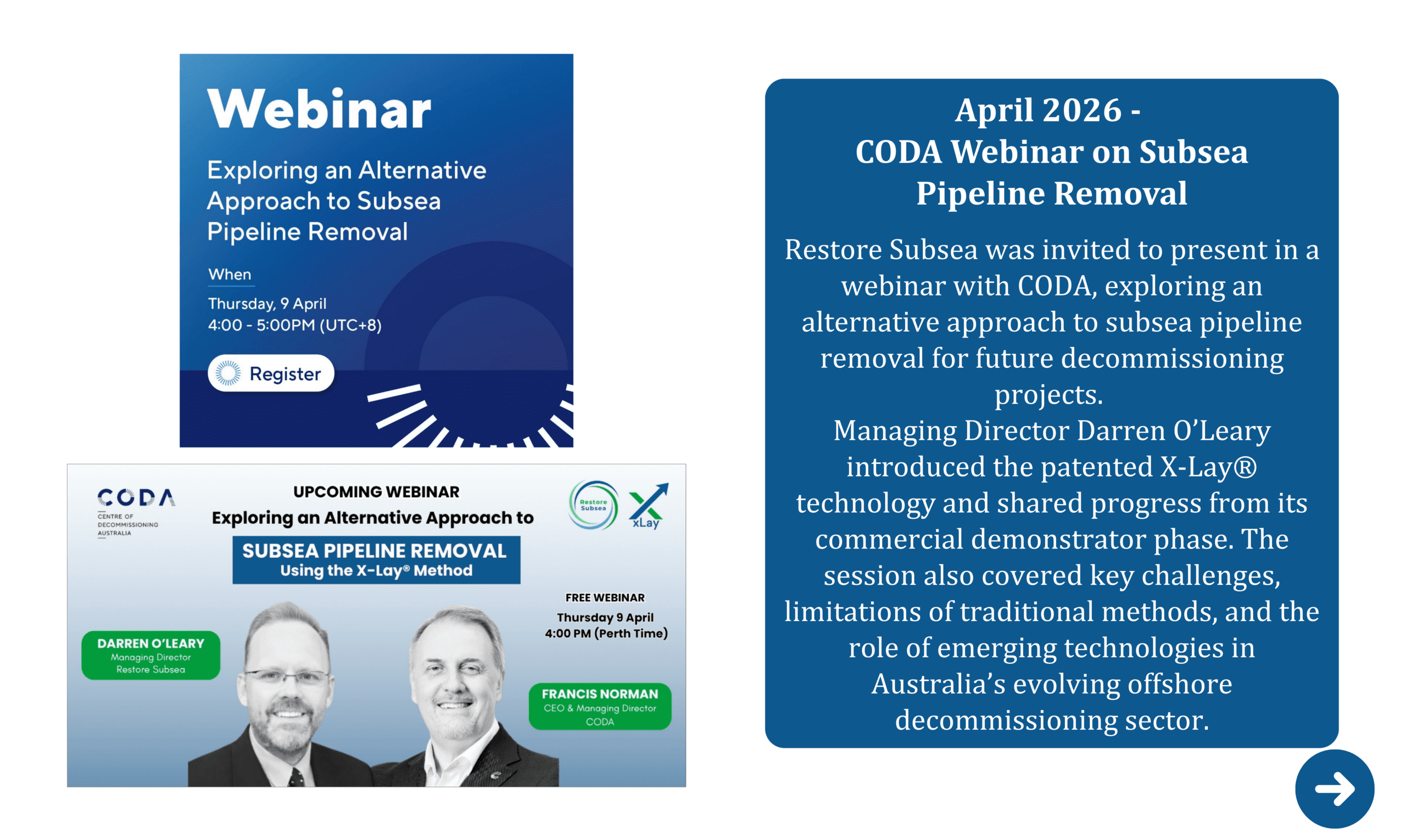 Graphic promoting a CODA webinar on alternative approaches to subsea pipeline removal, featuring X-Lay® technology and presenters from Restore Subsea.