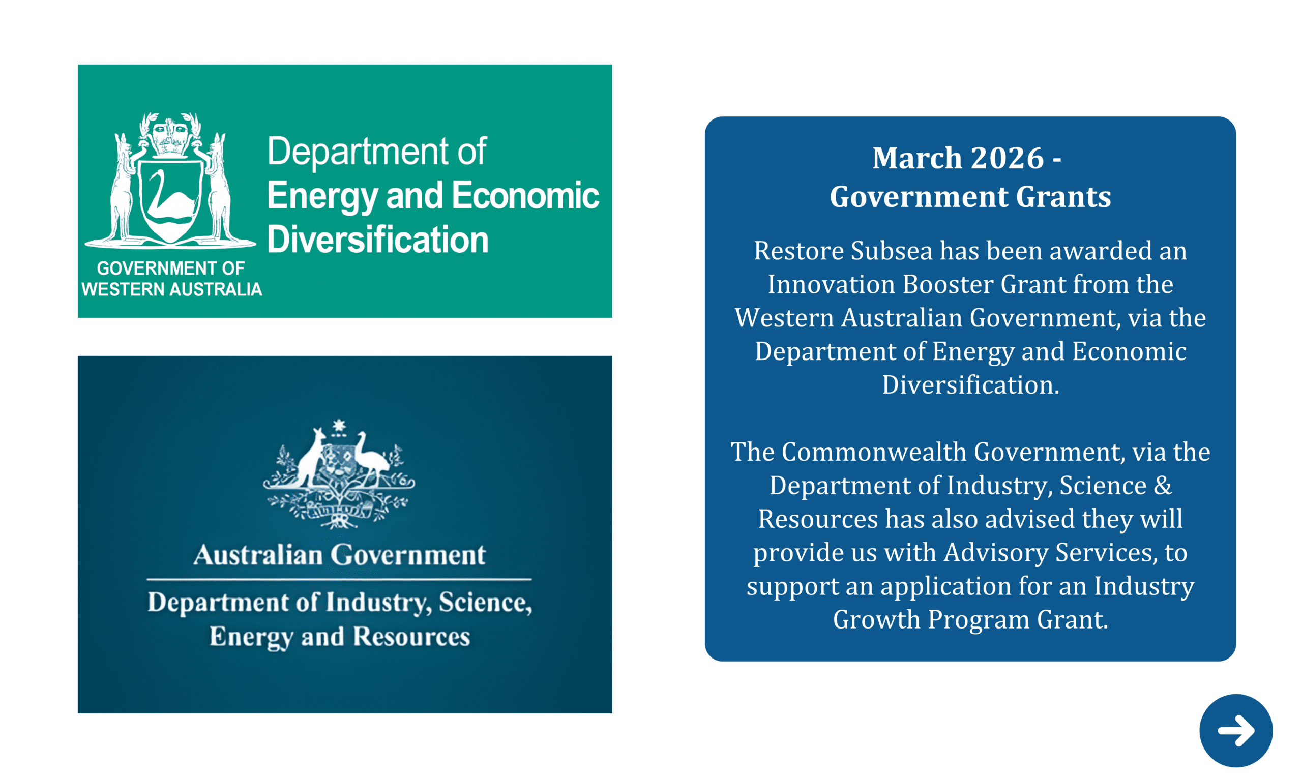 Logos of the Western Australian Government and Australian Government departments associated with funding support for Restore Subsea.