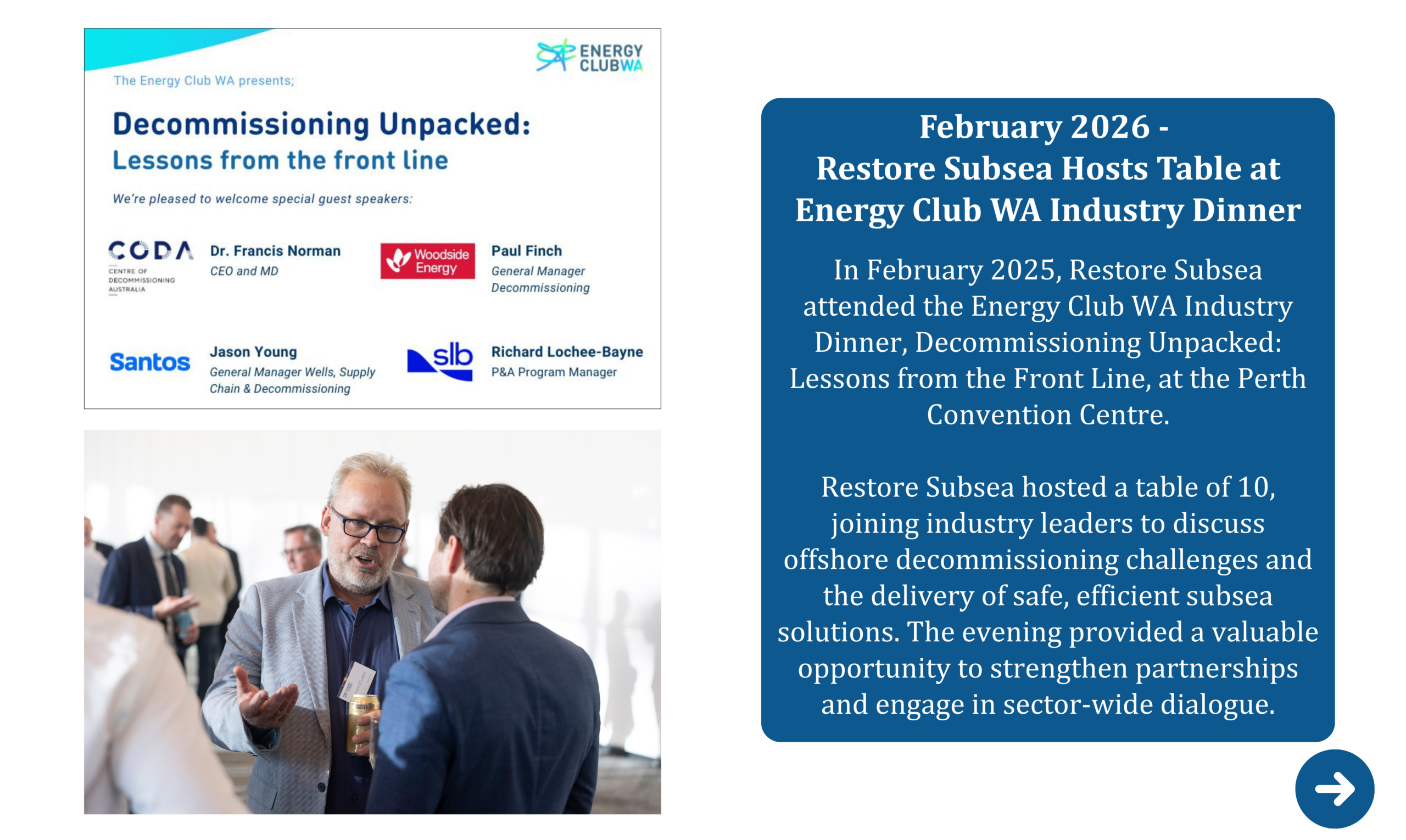 Event graphic and networking scene from the Energy Club WA industry dinner on decommissioning, attended by Restore Subsea and industry leaders.
