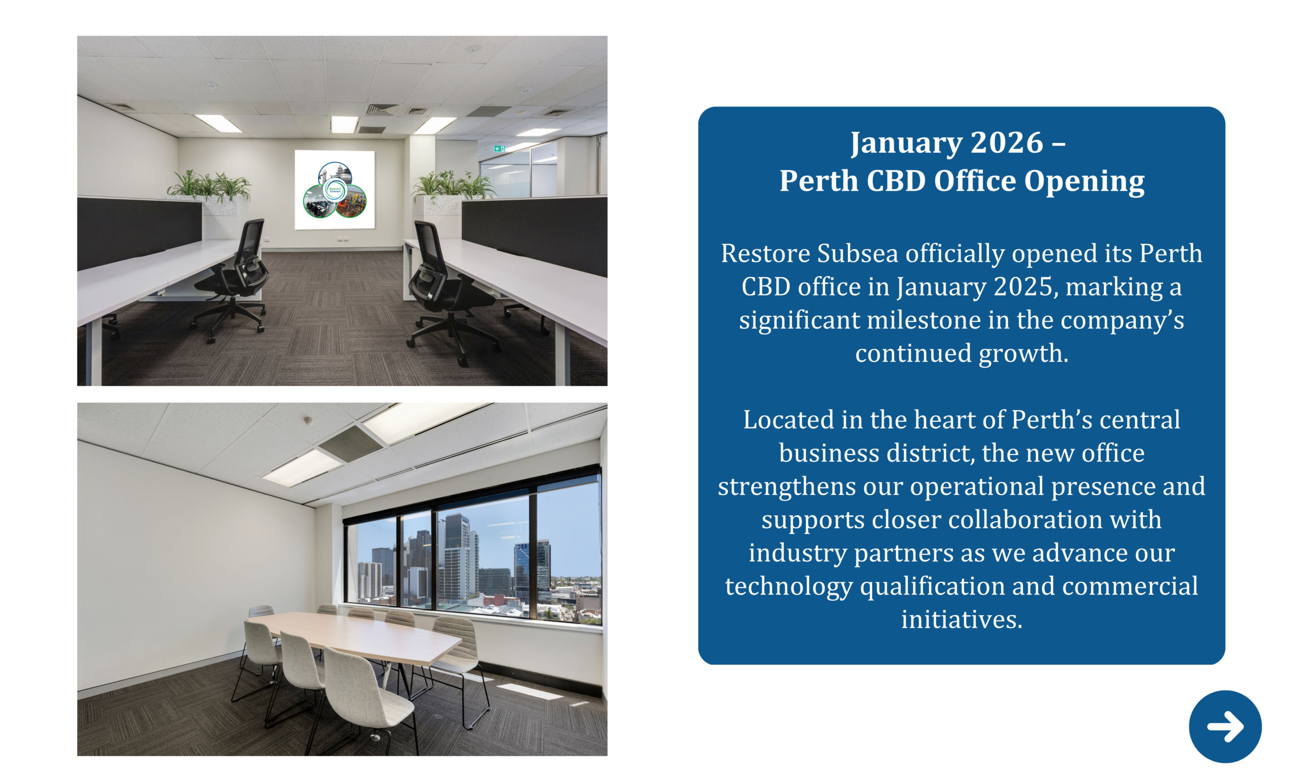 Interior views of Restore Subsea’s Perth CBD office, including workspace and meeting room with city views.