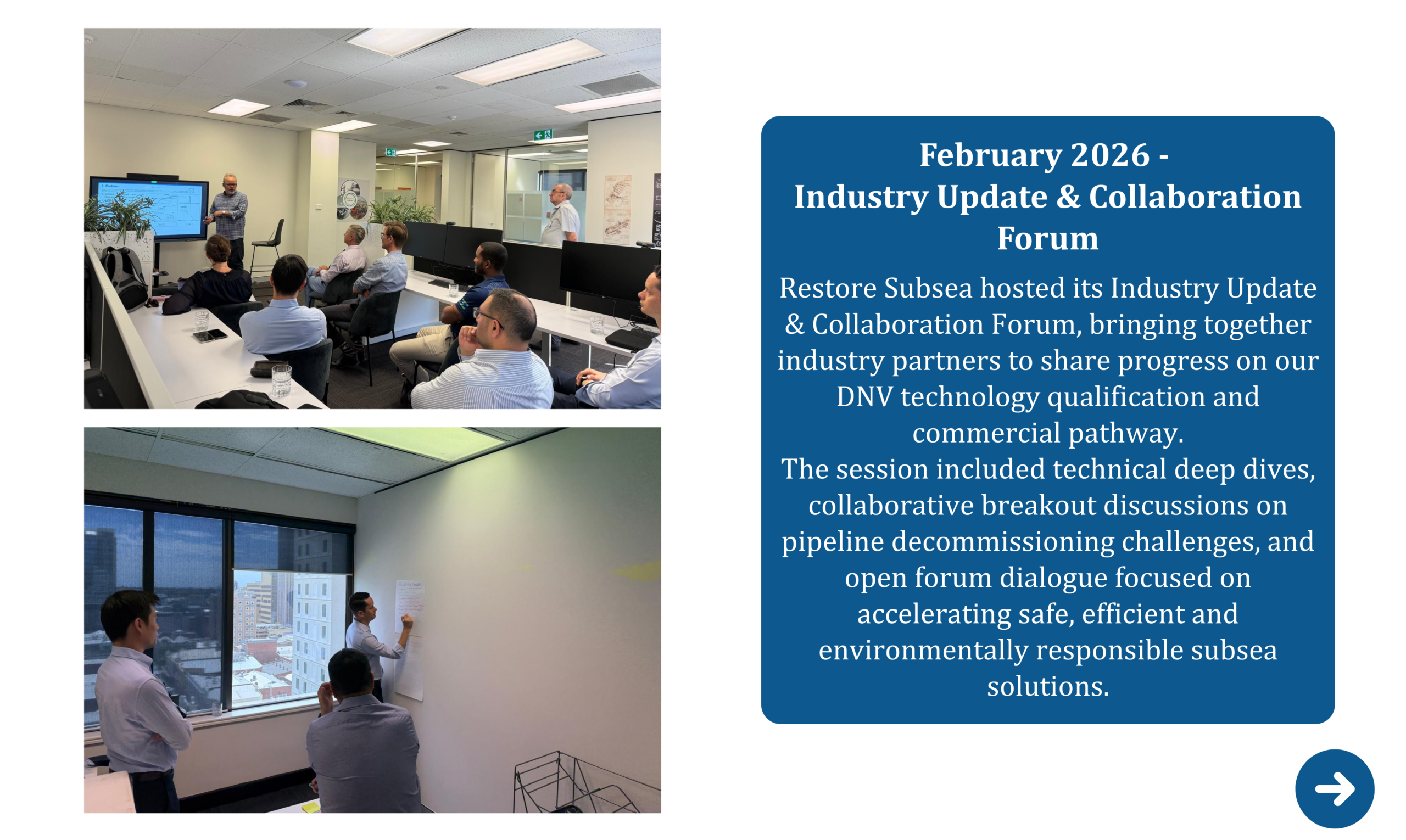 Restore Subsea hosting an industry forum with participants engaged in presentations and collaborative discussions in an office setting.